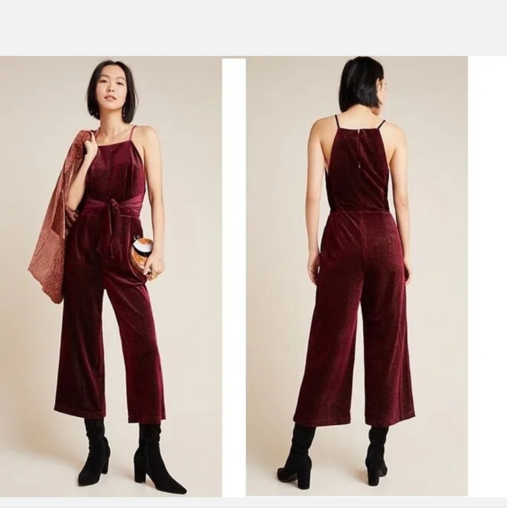 Anthropologie Greylin Shimmer Rouge Velvet Cropped Wine,Jumpsuit,Large, NWT